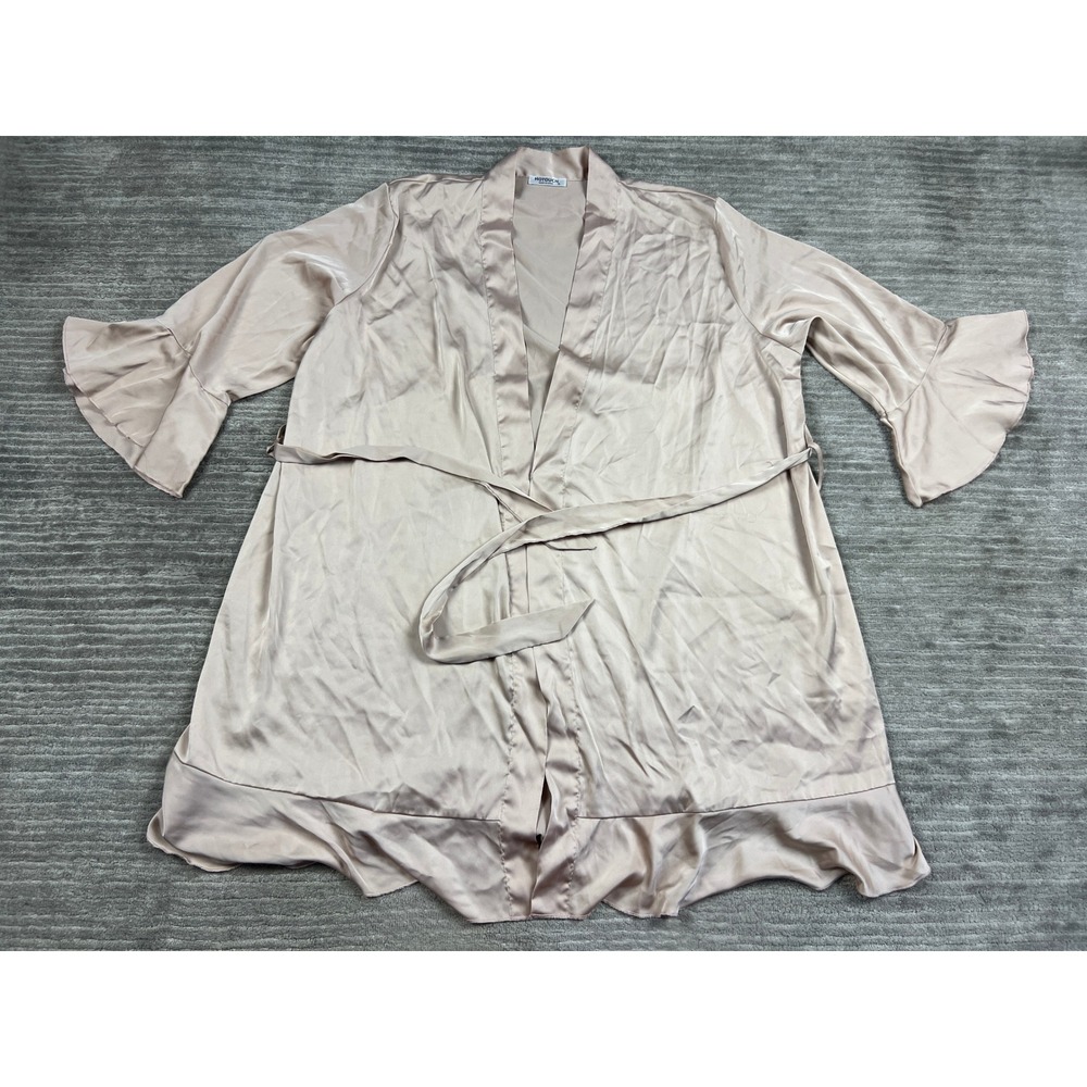 Hotouch Robe Womens XL Champagne Pink Satin Ruffle Hem Bell Sleeve Kimono Tie